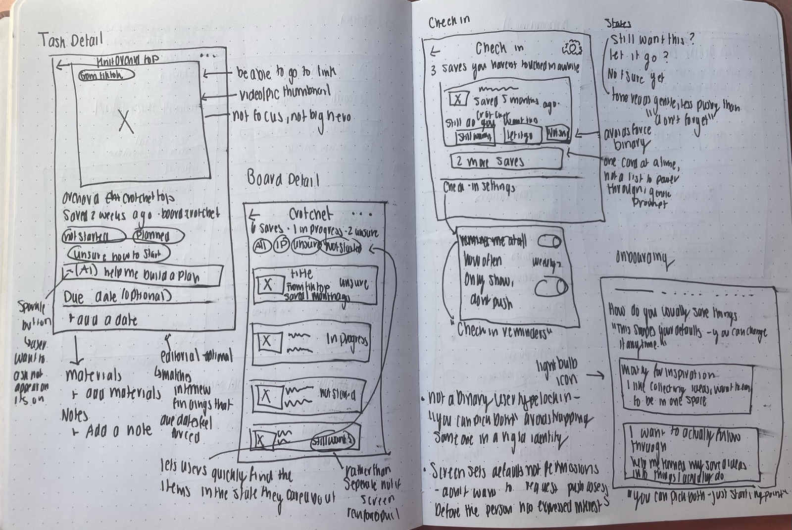 Task detail and board detail, with materials/notes and status states