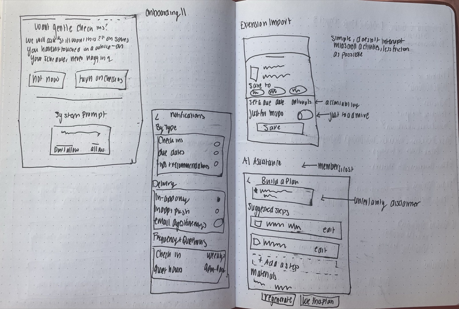 Check-in flow, notification settings, and onboarding
